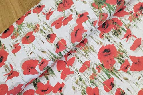 Dekostoff Meterware Mohnblumen - Baumwoll Mischgewebe bedruckt rote Blumen - Ottomanestoff floral, Sommer Tischdecke, Vorhang nähen *Ab 50cm