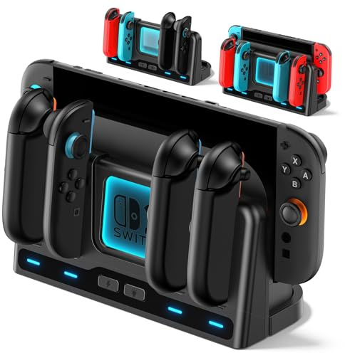 Switch 2 Ladestation kompatibel mit Nintendo Switch/OLED Controller, 2.5 Stunden Switch2 Ladegerät mit 4 Joycon Steckplätzen, Magnetische Joy Con 2 Ladestation mit 9 RGB Lichtmodi & Ladekabel