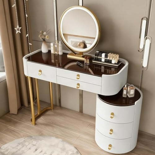 MJKCBD Schminktisch mit Spiegel, Luxuriöser Weiß Frisiertisch mit Hochglänzende Platte aus Gehärtetem Glas, Vergoldete Griffe, 6 Schubladen & Seitenschrank, 100cm Kosmetiktisch für Schlafzimmer