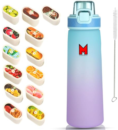 Maestrox Flavoured Water Bottle 700ML with 13 Flavour Pods, Straw, Cleaning Brush Reusable Fruit Flavour Bottle BPA Free & Leak Proof Design Portable Tritan Home, Office, School, Gym, Travel