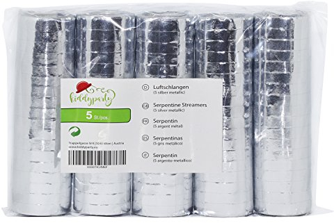 KIDDYPARTY Luftschlangen Silber Metallic, 5er Pack Premium Qualität Papierschlangen, 5 Stück metallic/weiß. Ideal als Deko für Silberhochzeit, Geburtstag, Veranstaltung, Karneval und Silvester.