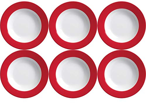 Ritzenhoff & Breker Doppio Suppenteller, 6er Set, Teller tief mit farbigem Rand, Essteller, Porzellan, Rot, Ø 22 cm, 515602