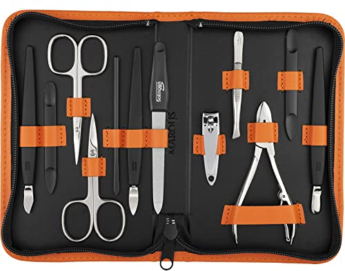 Kit manucure Solingen 12 pièces - kit ongle, coupe ongle, limes a ongles professionnelle, pince a epiler, repousse ongles, pousse cuticule, cuir véritable