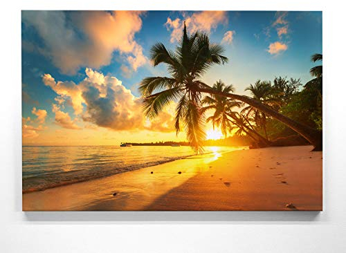 Atemberaubendes Leinwand-Bild Sonnenuntergang am Strand - als 150x100cm großes XXL Wandbild, toll als Hintergrund & Deko für Wohnzimmer & Schlafzimmer. Fertig aufgespannt auf 4cm Holz-Keilrahmen
