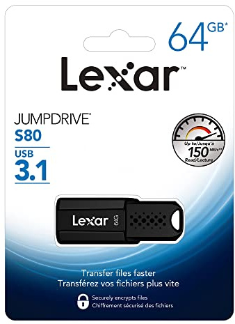 Lexar JumpDrive S80 Clé USB 3.1 64 Go jusqu'à 150 Mo/s en Lecture (LJDS080064G-BNU), Noir