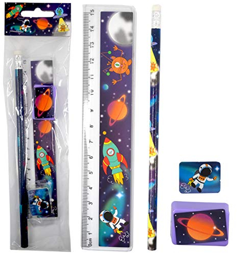 LG-Imports Schreibset Kinder Weltraum Space Bleistift Spitzer Lineal Radierer Schule Mitgebsel Kindergeburtstag