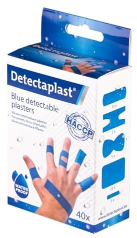 Blå Detectaplast-plåster, metalldetekterbara och vattentäta plåster, catering första hjälpen i livsmedelshanteringsmiljöer, första hjälpen kök, 9x38, 19x72, 25x72, fingertopp, knä, 40 st.