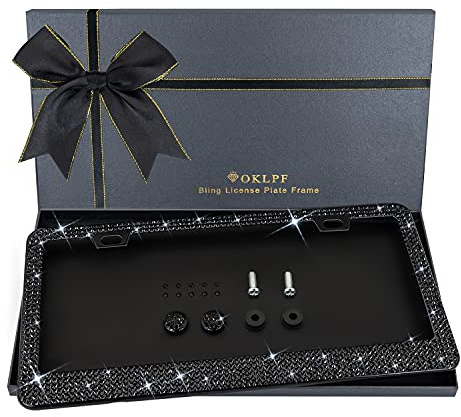 Bling License Plate Frame for Women, 1PCS Sparkly License Plate Frames| Over 1200 pcs 14 Facets Bedazzled Clear Glass Diamond Rhinestone Crystals w/Free Glitter Diamond Box (Black)