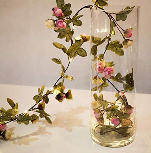 Fielegen 2 Meter 20 LED Artificial Rose Flower Leaf Garland String Lights Battery Operated Rose Vine Fairy Lights for Wedding Birthday Party Home Garden Festival Decor Indoor Outdoor