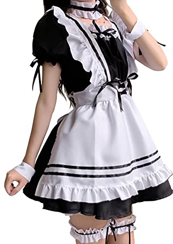 Aurueda Anime French Maid Dress Niedliche Maid Cosplay Kleid für Halloween Maid Kostüm Outfit Set Schwarz, Größe S