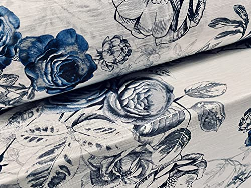 Slub Single Jersey Stoff, Meterware, Weiß / Blau mit Rosen