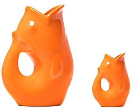 Gurgle Pot Fischkrug, 2er-Set, französisch inspiriertes Design, großer Krug 1,2 l mit passendem Sahnekännchen, leuchtendem Orange, das perfekte Geschirr für drinnen oder draußen.