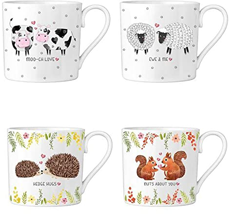 YöL Set Of 4 Mugs Love Animals Porcelain Mug Coffee Tea Cup Multicolour 13oz White Farm Coffee Cups