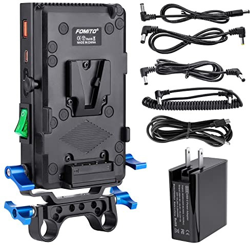 FOMITO V-Mount V-Lock Quick Release Battery Plate Power Adapter with 15mm Rod Clamp Built-in Type-C Fast Charging Input