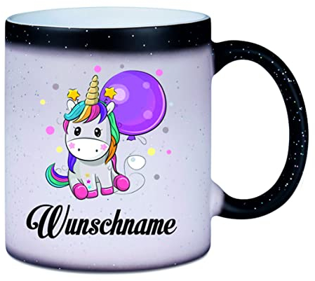 Crealuxe Farbwechseltasse/Glitzer Einhorn mit Wunschname - Farbwechseltasse mit Glitzer - Kaffeetasse - Bürotasse - Geschenktasse