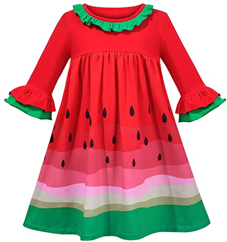Sunny Fashion Mädchen Kleid rot Grün Wassermelone Niedlich Rüsche Glocke 3/4 Langarm Gr. 122