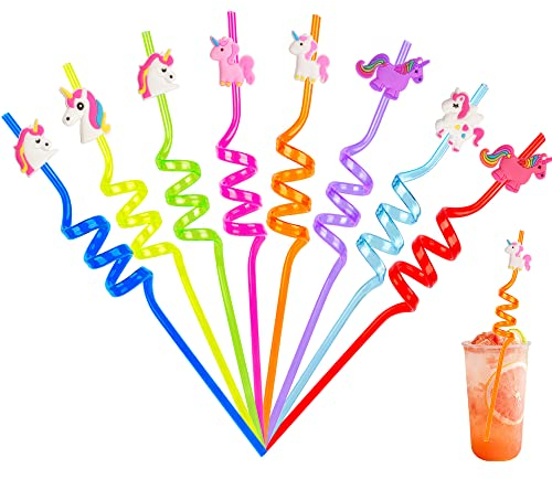 12 Stück Einhorn Trinken von Plastikstrohhalmen+4 Temporäre Tätowierungen+1 Reinigungsbürste,Wiederverwendbare Trinkhalme für Geburtstagsparty Zubehör