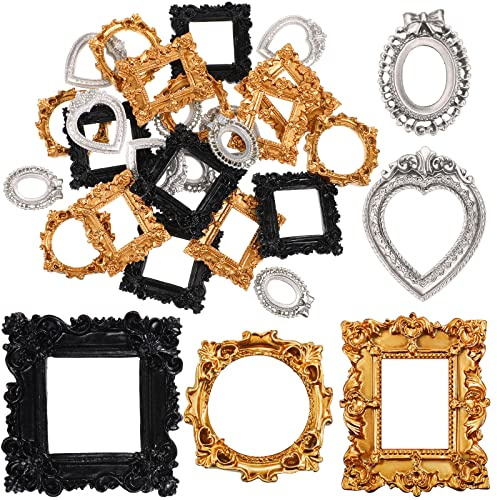 Vicenpal 25 Pcs Vintage Mini Picture Frames Baroque Antique Small Resin Jewelry Display Table Frame for Christmas DIY Photo Holiday Party Decoration (Black,Gold,Silver)