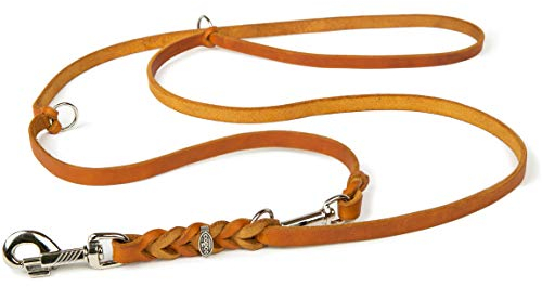 CopcoPet Hundeleine Leder 3-Fach verstellbar, Umhängeleine für große Hunde, Fettlederleine Hund geflochten – Mit Chrombeschlägen – Robust, ideal für Spaziergang, Training 5m x 20mm Cognac