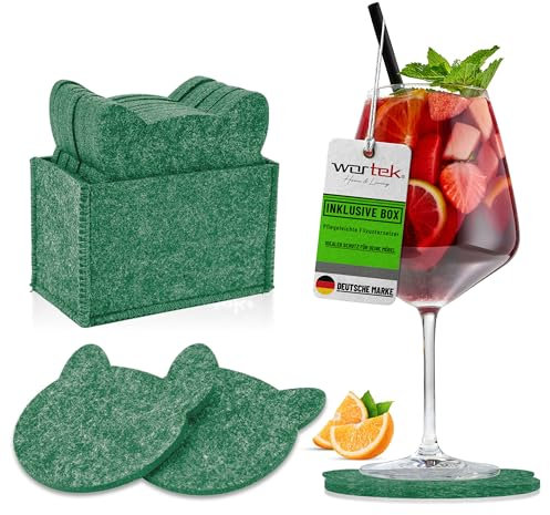 wortek Filz Untersetzer Gläser Dunkelgrün in Katzenform – 10er Set mit Aufbewahrungsbox, Glasuntersetzer für Getränke, Tassen, Bar, Glas - Ø 10cm Tischuntersetzer Filzuntersetzer Gläser