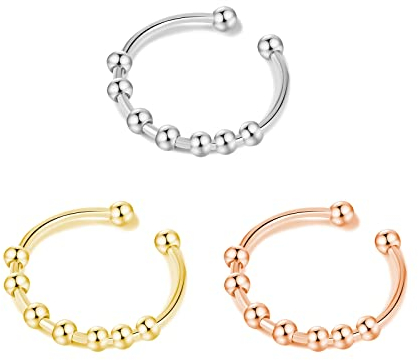 3 Stück Ring mit Perlen, Anti-Stress, Ringe für Frauen, Spinnerringe mit Perlen, verstellbar, dünne Ringe, Silber
