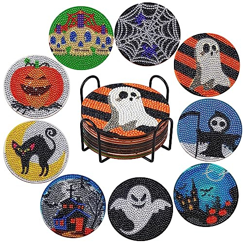 6 Pièces Halloween Sous-verres de Peinture de Diamant,Dessous de Verre Diamond Painting,5D DIY Diamant Peinture Dessous de Verre Crâne Fantôme,Peinture de Diamants pour Adultes Enfants Débutants Kits