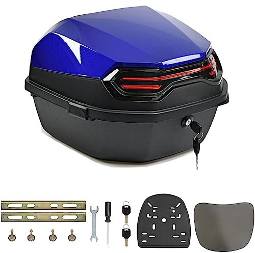 35L Motorcycle Trunk Universal Top Case Waterproof Helmet Luggage Storage Plastic Tour Tail Box with Soft Backrest,Lockable Motorcycles Topcase for Scooter/Moped/Motorbike,Blue C,16*16*11in