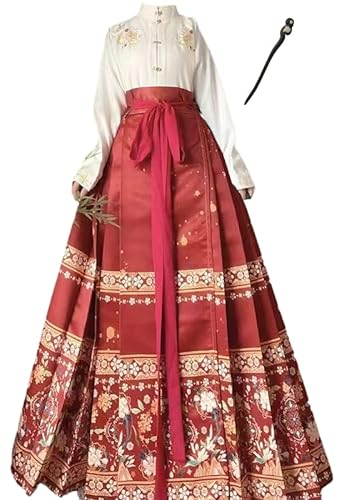 Uplateng Hanfu Cheval Visage Jupe Femmes Chinois Traditionnel Vintage Hanfu Plis Jupe Rouge Bleu Noir Beige Chemise + Jupe Ensembles Grande Taille XL (White with Red,L)