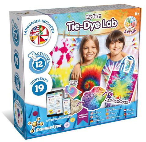 Science4you Modedesign - Tie Dye Kit für Kinder mit 12 Aktivitäten, Tie-dye & Fashion Craft Kits, STEM Spielzeug und Tie Dye Spielzeug, Lernspielzeug Geschenke für Kinder 6 7 8 9+