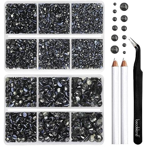 BEADSLAND Hotfix Strasssteine, 6080 Stück Grau Strasssteine für Kleidung Kunsthandwerk gemischt 6 Größen mit Wachsstift und Pinzette Kit, SS6-SS30,Anthrazit