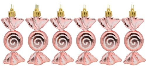 6 PCS Christmas Tree Ornaments, 10CM Small Candy Hanging Decorations, Shatterproof Plastic Sweet Shaped Baubles, Pendant Decor, Rose Gold