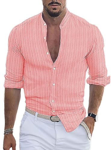 Onsoyours Homme Chemise Jacquard Rayée à Manches Longues Casual Chemises à col en V Décontractée Patte de Boutonnage Hauts Regular Fit Classique Business Shirt A Rose XL