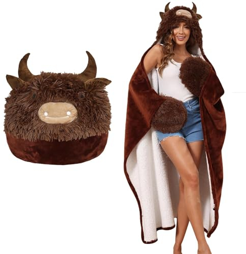 MSISILY Decke mit Kapuze und Ärmeln, Tragbare Decke Kuscheldecke Flauschig, Hochlandrind Geschenk für Frauen Mädchen Kinder