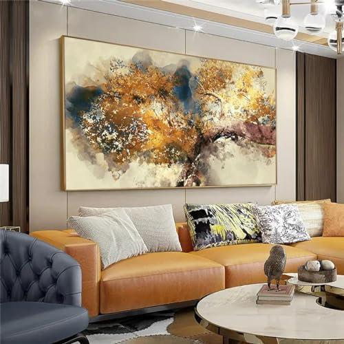 Zhaoyang Art Peinture sur toile abstraite de paysage d'arbre doré, arbre marron moderne avec feuilles jaunes, décoration murale sans cadre, 50x90cm/20x35 pouces, sans cadre