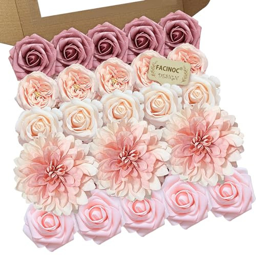 FACINOC Künstliche Rosen, rosarote Kunstblumen, Großpackung für DIY-Hochzeitsstrauß, Brautschmuck, Babyparty, Tafelaufsatz, Seiden-Kunstblumenarrangements für Party, Heimdekoration, Innenbereich