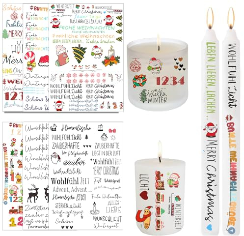 ZZRSYJ 6 Stück Kerzentattoos Weihnachten Weihnachten Kerzen Sticker Wasserschiebefolie Kerzen Tattoo Weihnachten Kerzenfolie für Stabkerzen Kleine Kerzen Tasse DIY Geschenk Stil