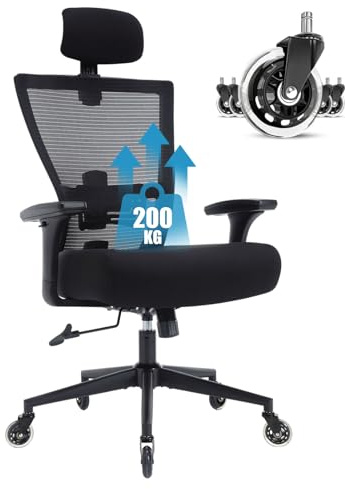 Bosmiller Bürostuhl 200KG Ergonomischer Schreibtischstuhl XXL Drehstuhl mit 3D Armlehne Verstellbare Kopfstütze Chefsessel Mesh Office Chair, Grau