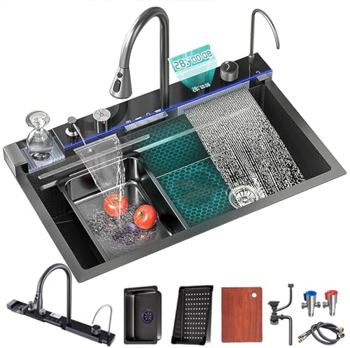 FIVIXIL Kitchen Sink Multifunctional Digital Display Waterfall Sink with Cup Washer, soap Dispenser, rain Waterfall, Table Control and Other Functions with LED Display (Gun Grey, 75 * 46 * 22cm)