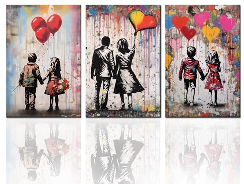Tucocoo Familien-Wanddekoration, Banksy-Graffiti-Liebesbilder, Straßen-Pop-Art-Gemälde, 3-teilig, Leinwand, modernes Kunstwerk, Heimdekoration für Wohnzimmer, Schlafzimmer, Büro, Holzrahmen, fertig