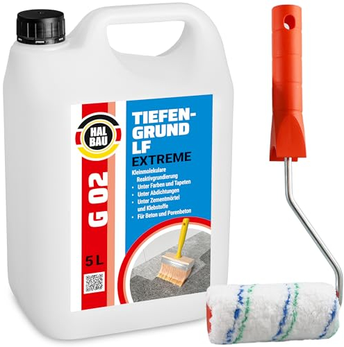 HALBAU Deep Primer 5 L with Potash Water Glass, Silicate Primer for Indoor, Outdoor, Concrete, Paints, Wallpaper + Paint Roller 10 cm with Bracket Set G02