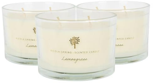 Nicola Spring Lemongrass Scented Candle - 350g - Pack of 3-38 Hour Burning Time Natural Soy Wax Double Wick Candles Relaxing Fragrance Aromatherapy Gift Set