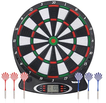 MUWO Bullseye Elektronische Dartscheibe - 18 Spiele, 159 Variationen, LCD-Display, 6 Softdartpfeile, Sprach- und Soundeffekte, Batteriebetrieb - Spielspaß für bis zu 8 Spieler