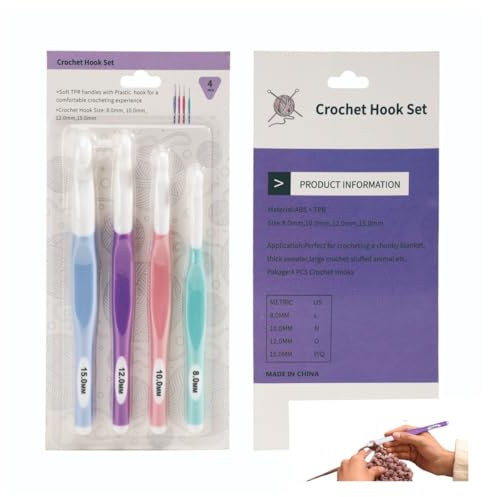 Lohill 4 Stück Große Häkelnadel Set mit Gummigriff, 8 mm, 10 mm, 12 mm, 15 mm, Ergonomisch Kunststoff Häkelnadelset für Arthritis, Profis Komfortgriff Häkelnadel zum Stricken, für Pullover Schals