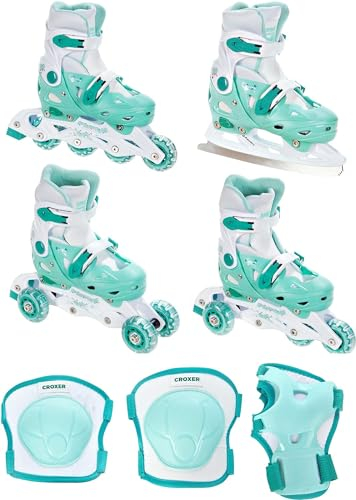 CROXER 4in1 Inlineskates/Triskates/Rollschuhe/Schlittschuhe Balloon verstellbar + Schützer Neve (Mint, 33-36 (20cm-22,5cm) + Schützer S)