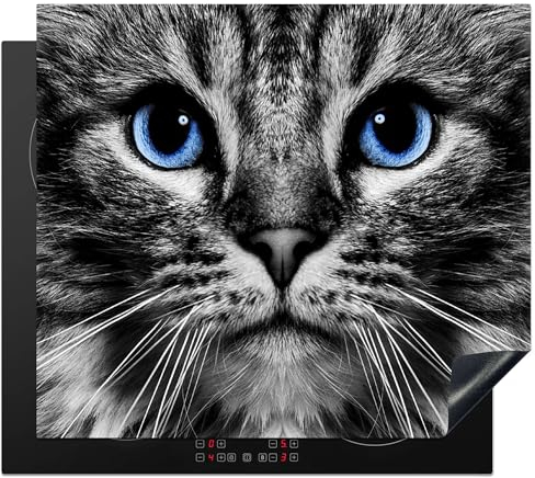 KitchenYeah© Protège Plaque Induction 60x52 cm Deco Cuisine Accessoire Pratique Protection De Vitroceramique Kitchen Gadget Chat - Noir - Blanc - Yeux - Bleu