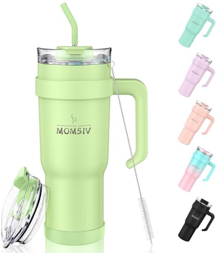 MOMSIV 40oz Tumbler with Handle and Straw, Large Capacity 1100ml Stainless Steel Leakproof Coffee Cup, Insulated Vacuum Double Wall Travel Mug Water Bottle for Hot Iced Drink - Yellow-Green