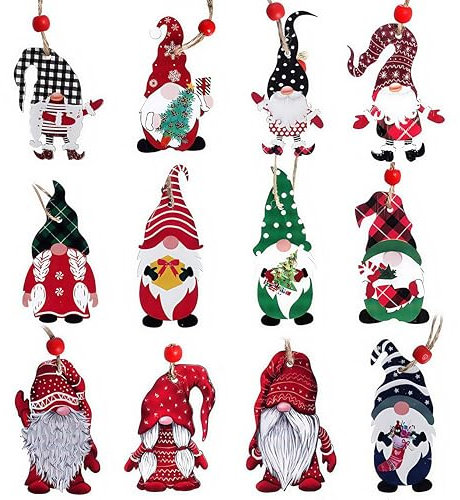 BASAMOU 12PCS Decorazioni Albero di Natale Ciondoli, Ornamenti Natalizi in Legno da Appendere con Spago, Gnomo Pendenti Addobbi Natalizi Regali, Pendenti Legno Natalizi Addobbi Albero (12pcs Gnomo)