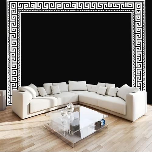 Black Wallpaper Mural Greek Key Pattern Non Woven Premium Art Print, for Living Room Bedroom Photo Wall Decoration W350 X H256 Cm