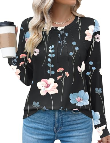 Rapbin Womens Layering Long Sleeve Tee Shirts Casual Crew Neck Sunlight Pleated Tops Fashion Dressy Blouses,Floral,S