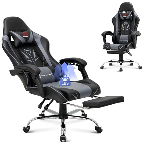 COLAMY Gaming Chair, Computer Chair with Footrest and Lumbar Support, Height Adjustable Gaming Chair with 360°-Swivel Seat and Headrest, Grey